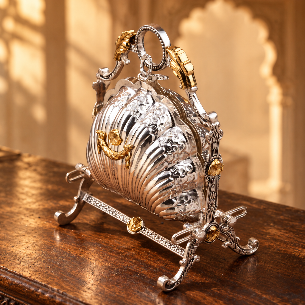 Silver Shell Foldable Serving Tray with Gold Accents