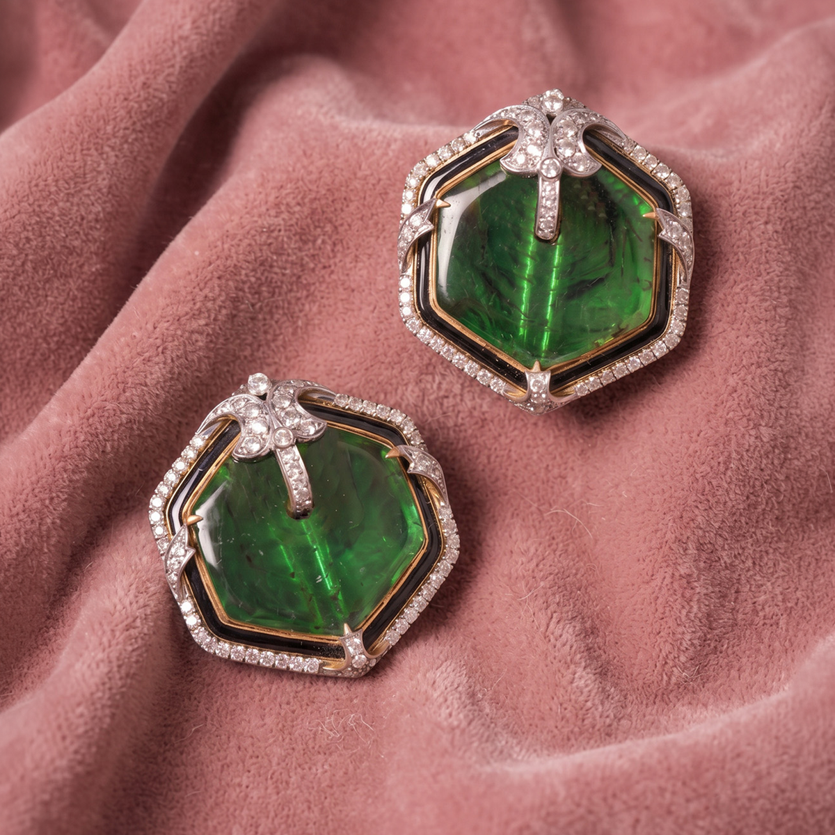 Hexagonal Green Tourmaline, Onyx & Diamond Statement Earrings