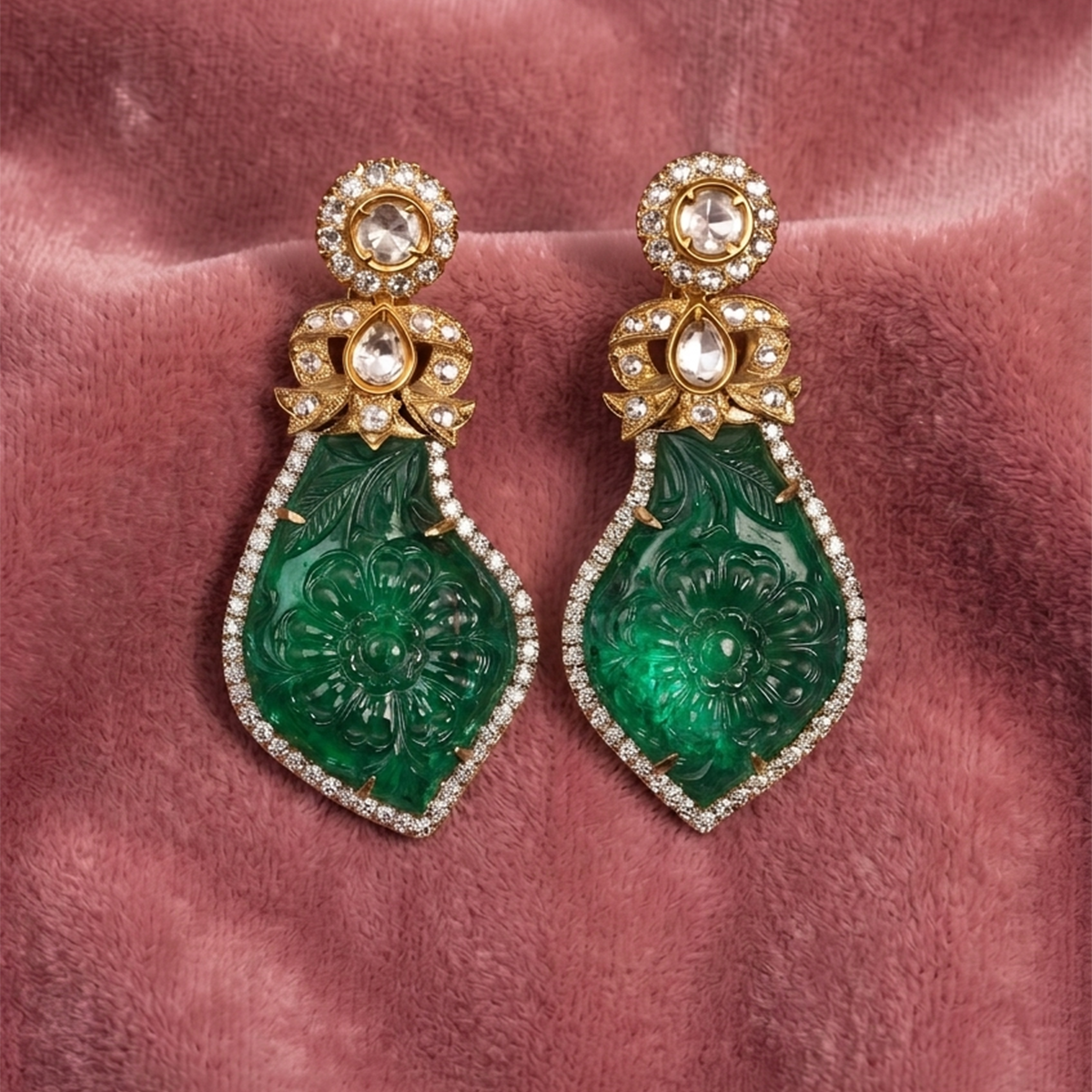 Carved Emerald Polki Diamond Earrings