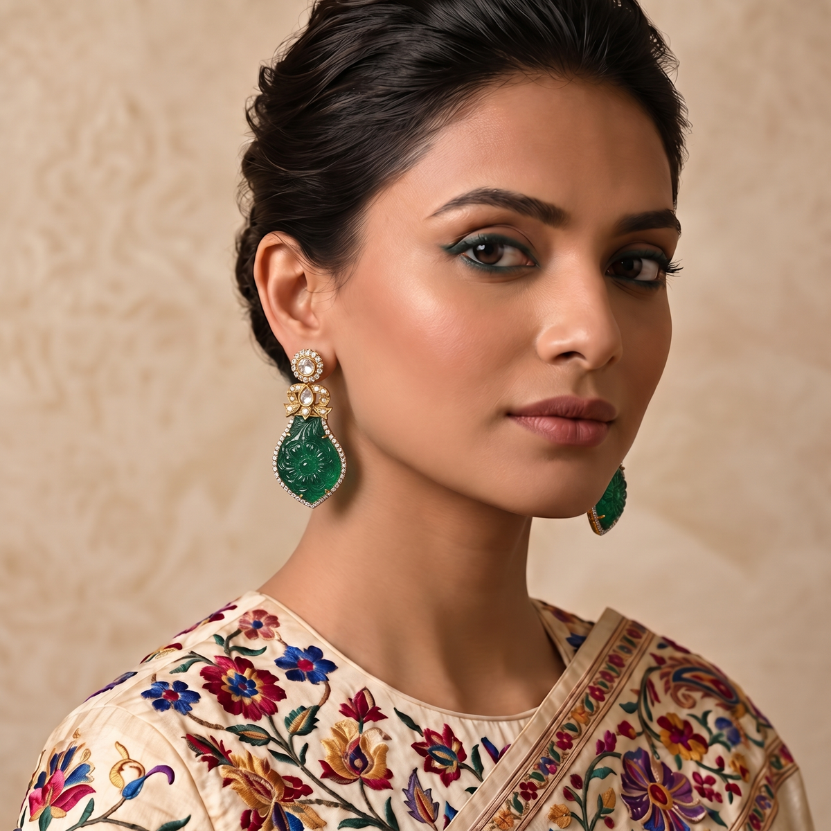 Carved Emerald Polki Diamond Earrings