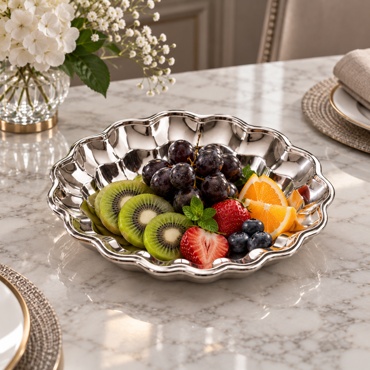 Scalloped Silver Fruit Serving Bowl