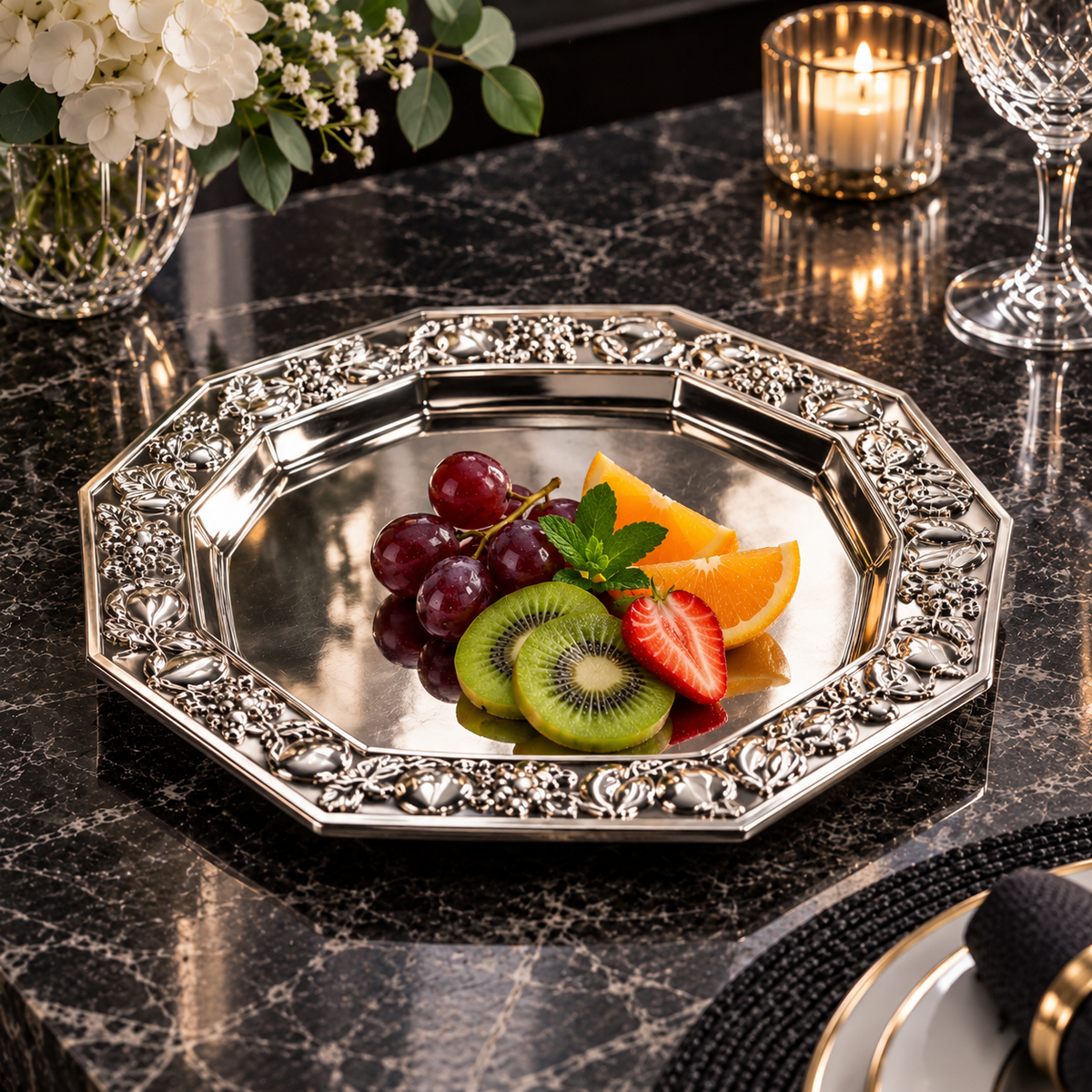Embossed Fruit Border Silver Serving Plate