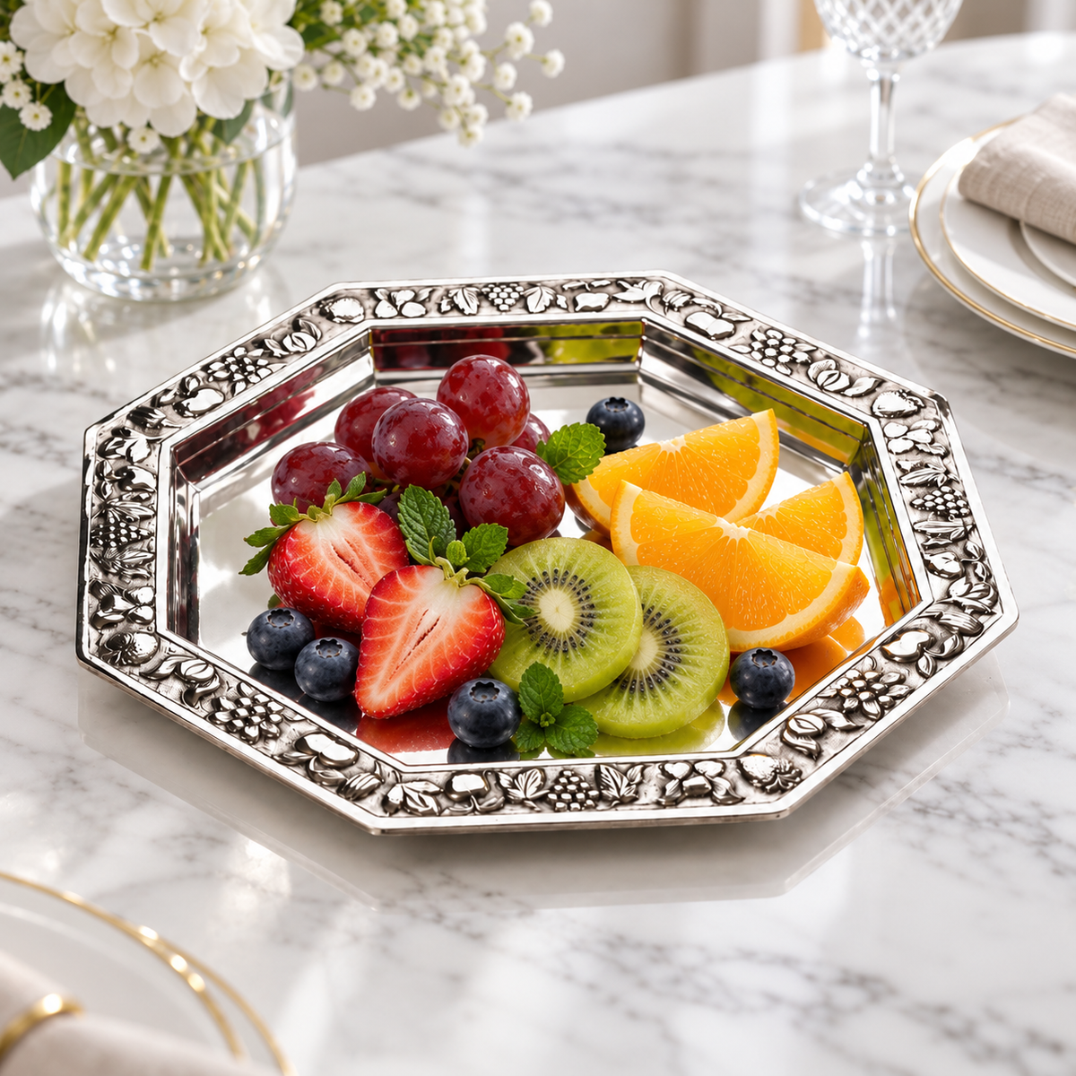 Octagonal Embossed Silver Dining Plate