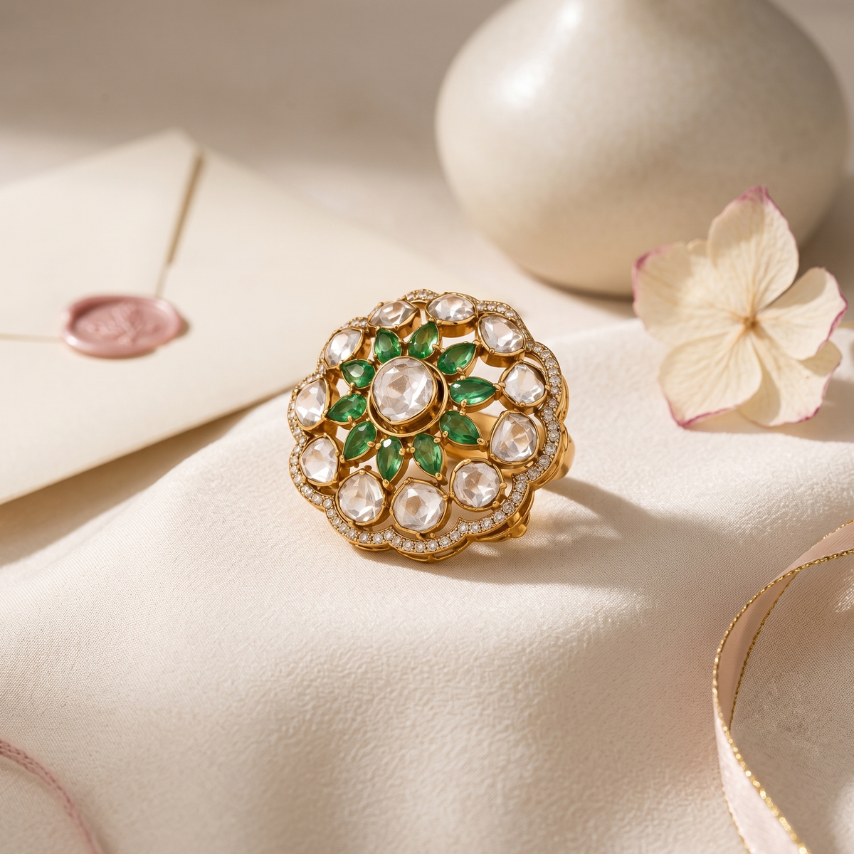 Emerald and Polki Kundan 14k Ring