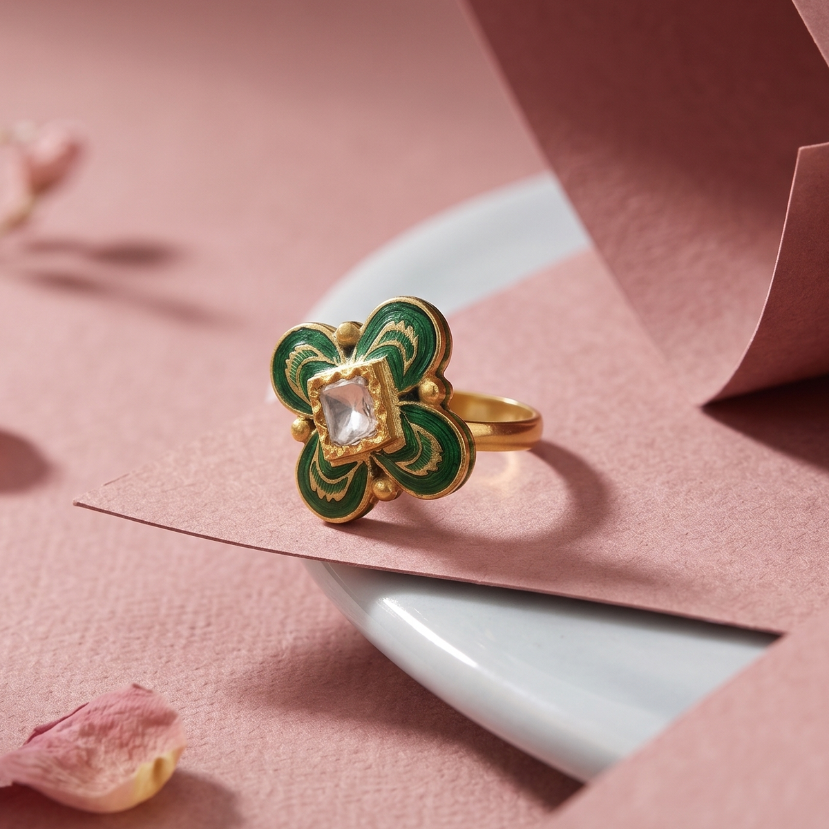 Green Enamel Clover 18k Ring