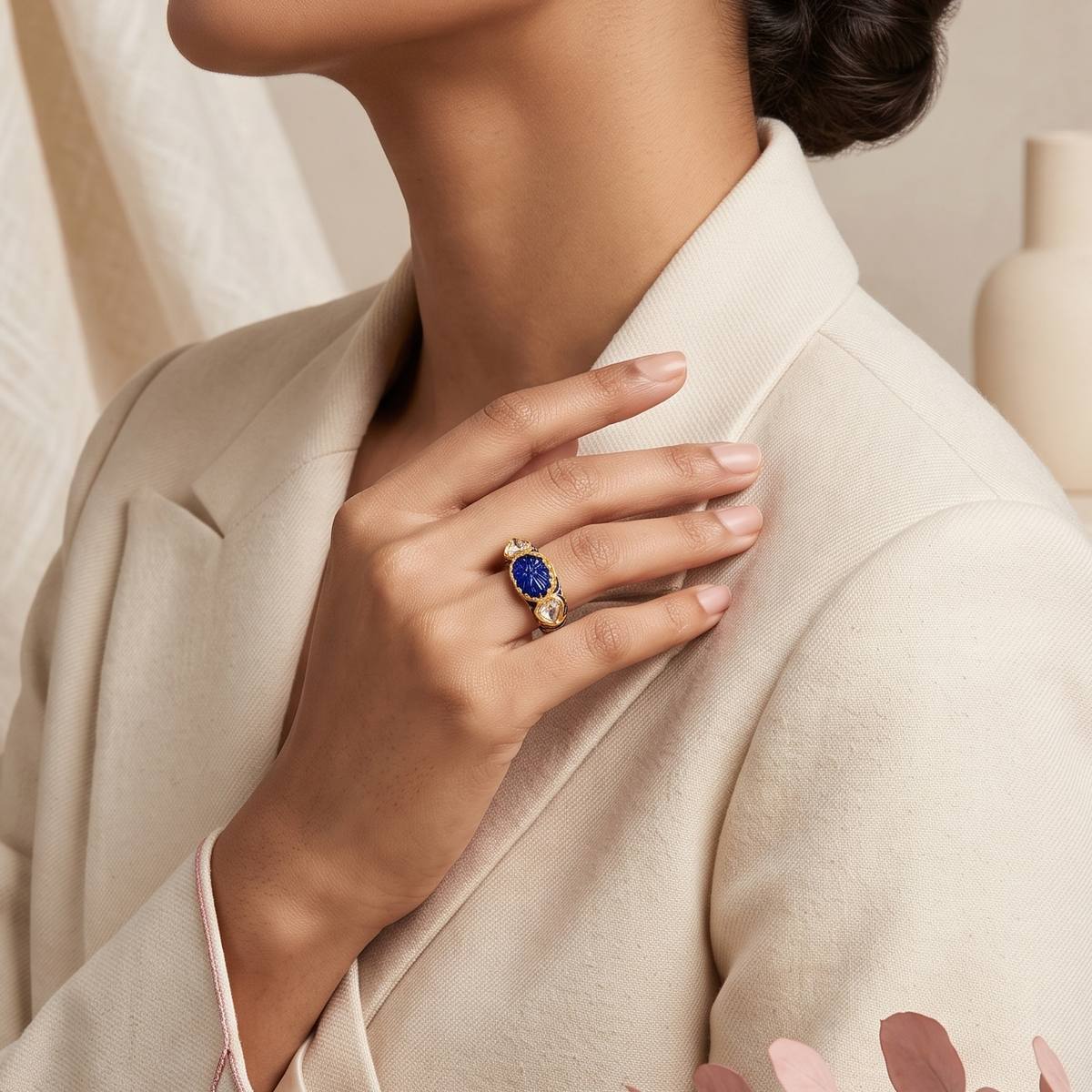 Blue sapphire Meenakari Gold 18k Ring