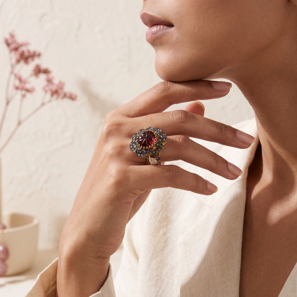 Carved Tourmaline Blackened Floral Cocktail Ring