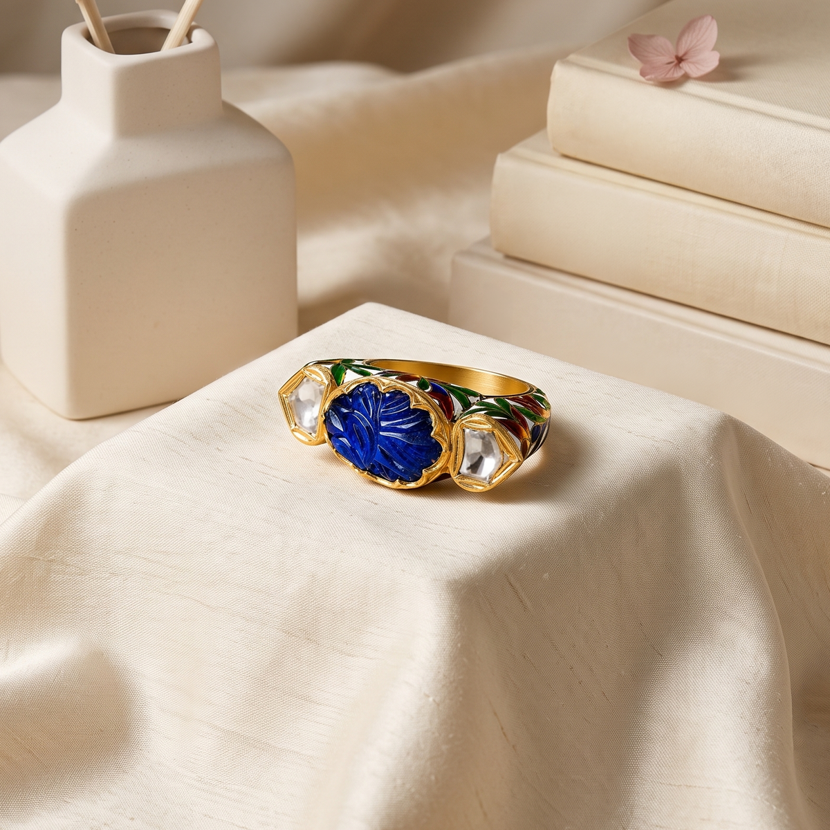 Blue sapphire Meenakari Gold 18k Ring