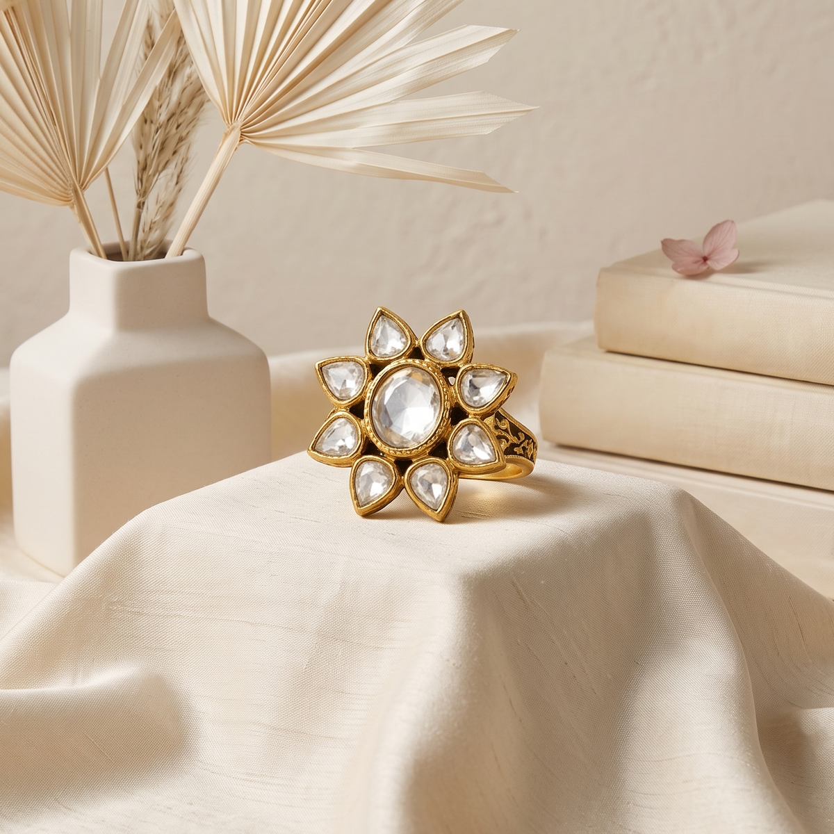 Mughal-Inspired Rose Cut Diamond Floral 22K Gold Ring