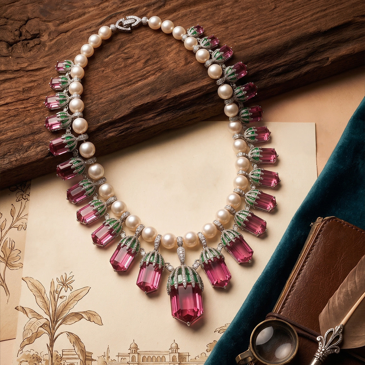 Pink Tourmaline, Emerald & Pearl Fringe Necklace