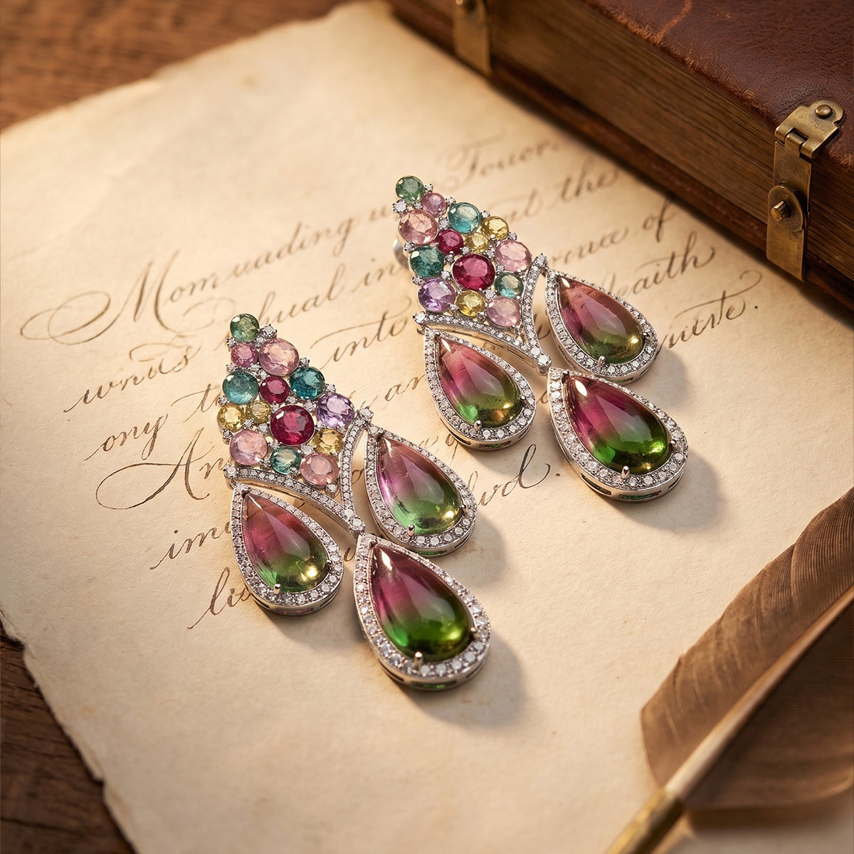 Bi-Color Tourmaline & Multi-Gemstone Diamond Earrings