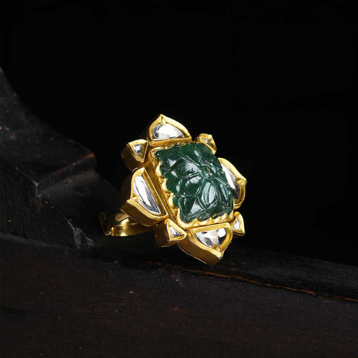 Carved Zambian Emerald & Polki Diamond Floral Ring