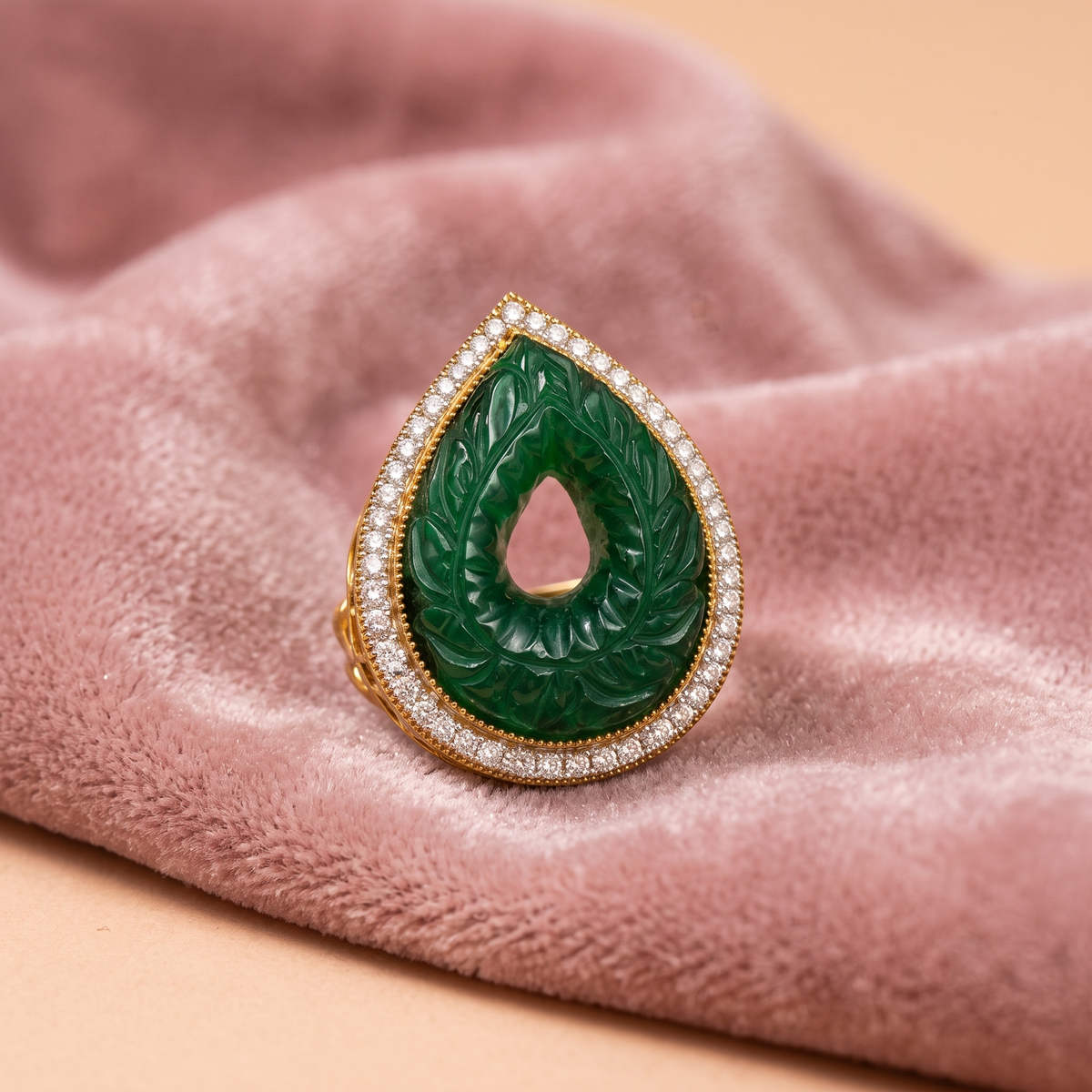 Carved Emerald Diamond 18k Ring