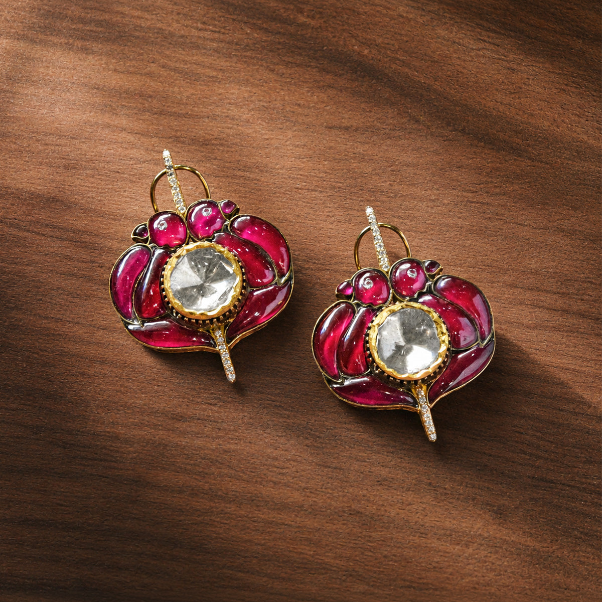 Royal Pink Tourmaline & Polki Diamond Floral Ear-rings