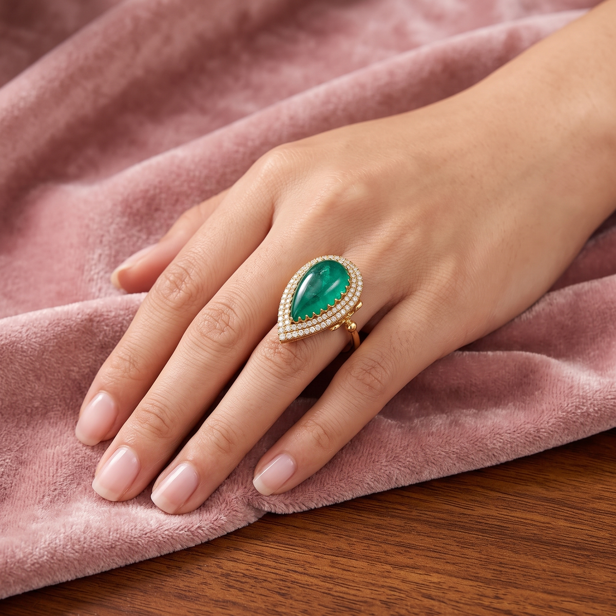 Emerald Teardrop Double Halo Gold-Tone Ring