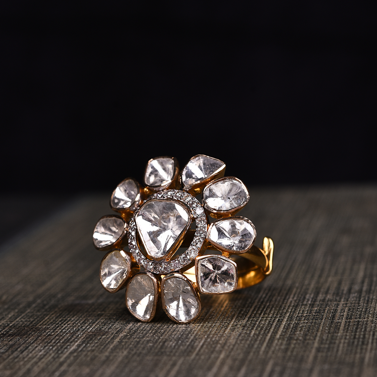 Open Polki Diamond Floral 14K Gold Ring