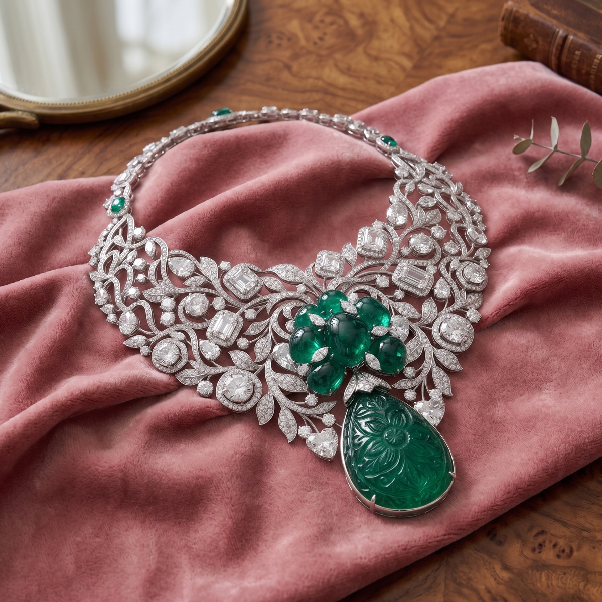 Carved Emerald & Diamond Statement Necklace