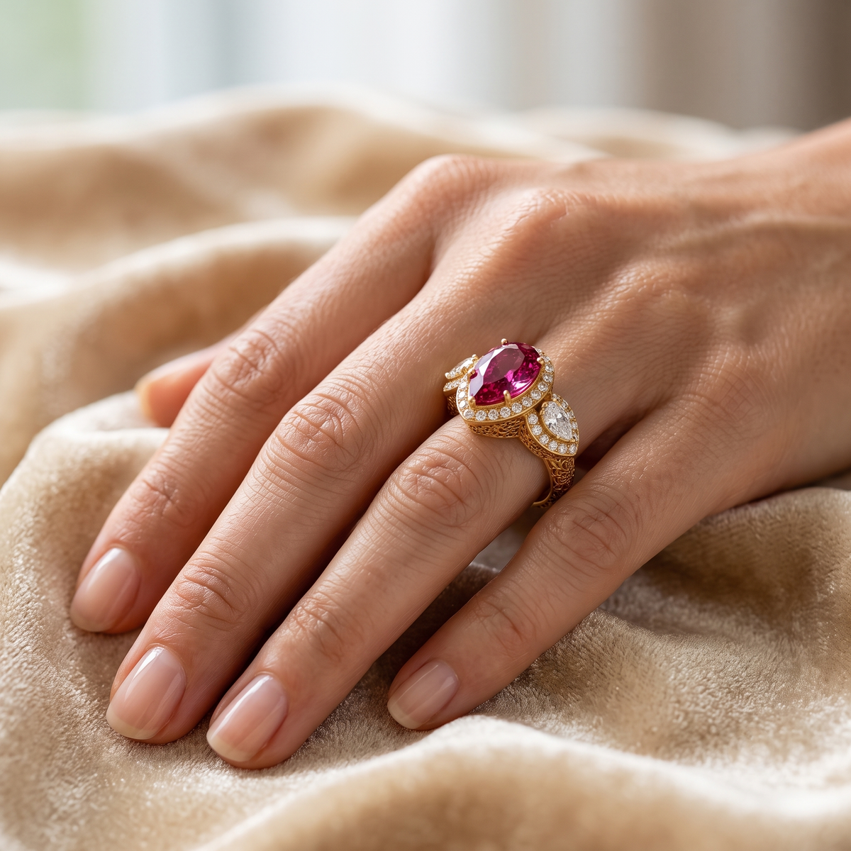 Pink tourmaline & polki Filigree 14k Ring