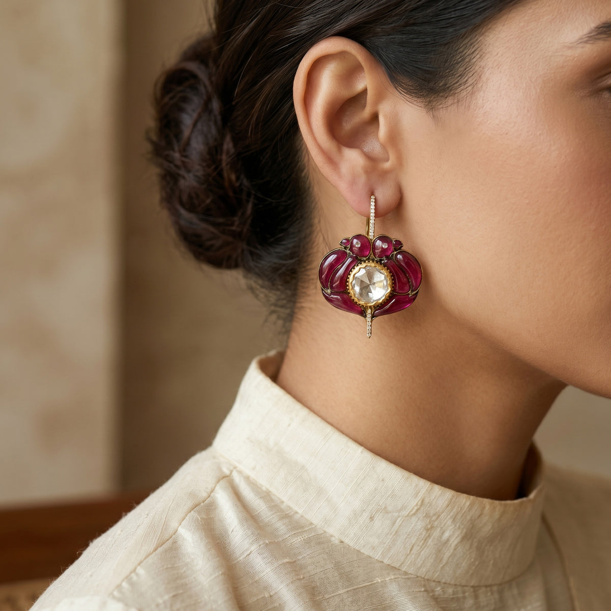 Royal Pink Tourmaline & Polki Diamond Floral Ear-rings