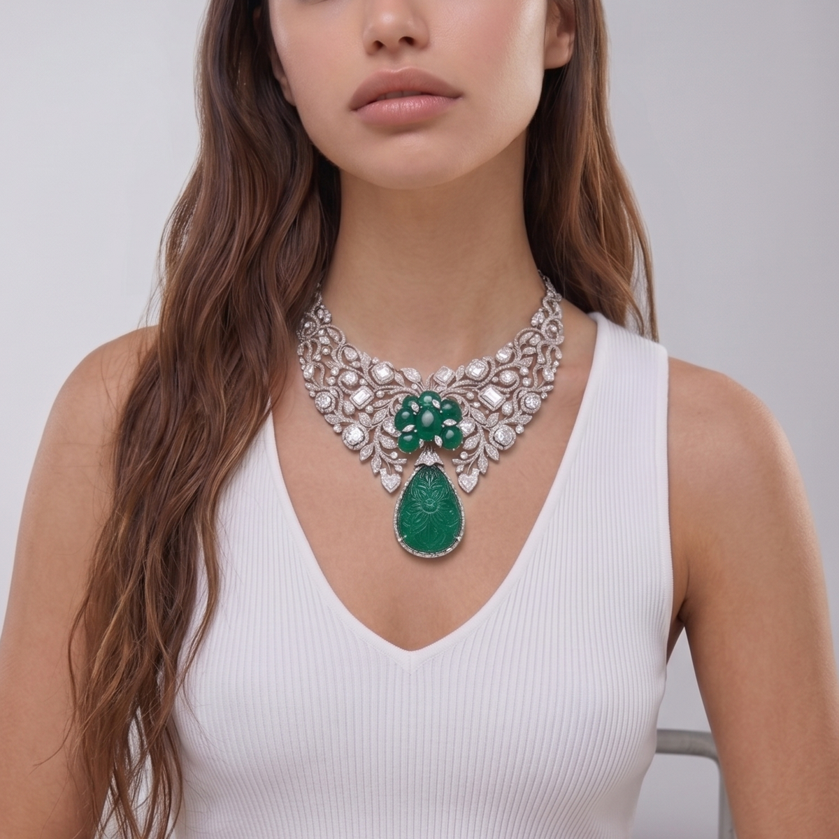 Carved Emerald & Diamond Statement Necklace