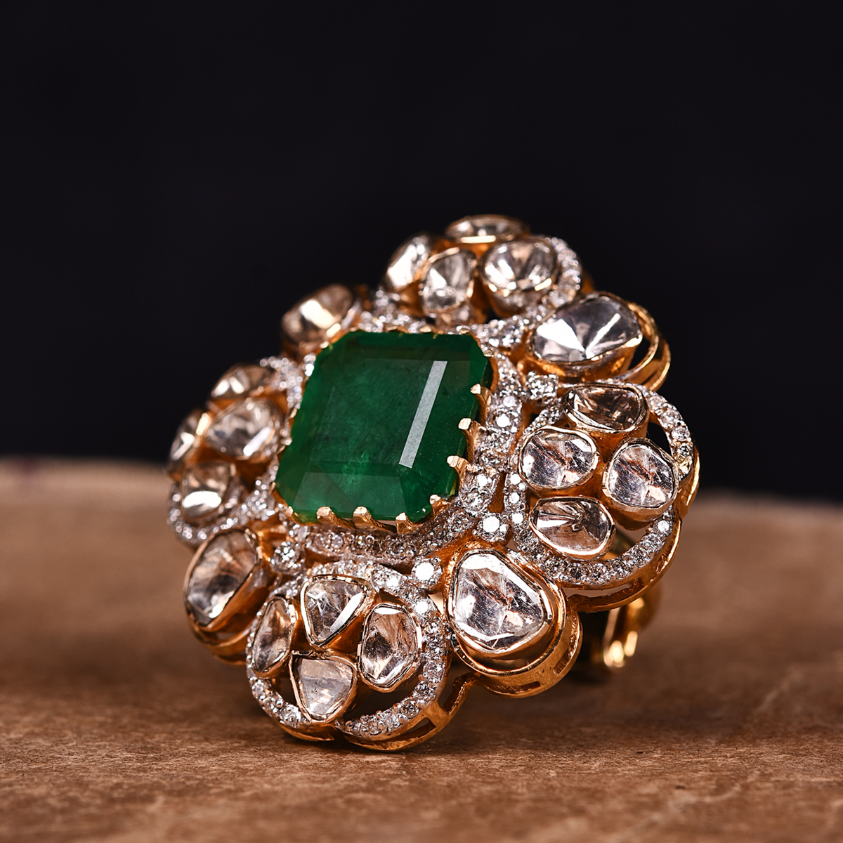 Emerald & Uncut Diamond Floral 18K Gold Ring