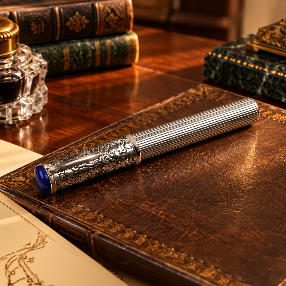 The Georgian Signature Fountain Pen – Repoussé Silver Cap with Lapis Lazuli Cabochon