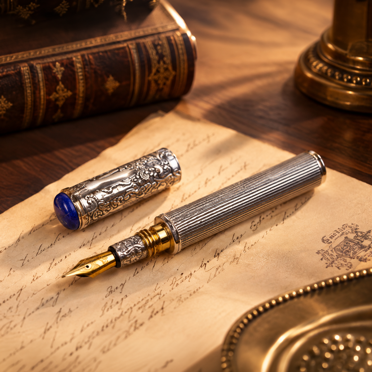 The Georgian Signature Fountain Pen – Repoussé Silver Cap with Lapis Lazuli Cabochon