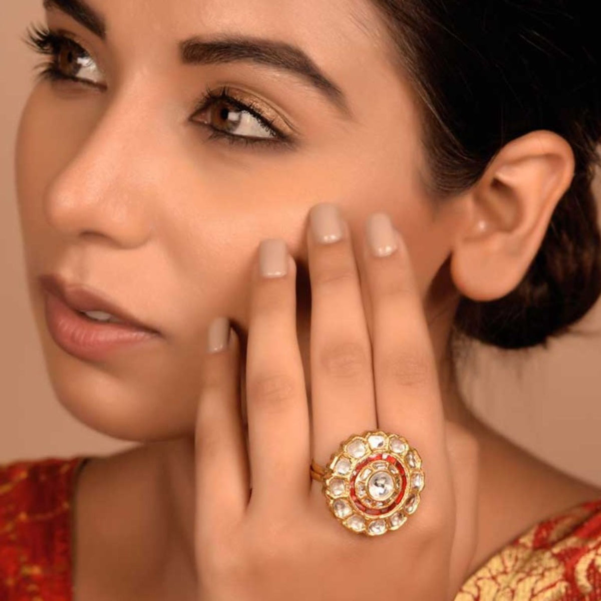 Exquisite Polki Diamond & Ruby Floral 18K Gold Ring