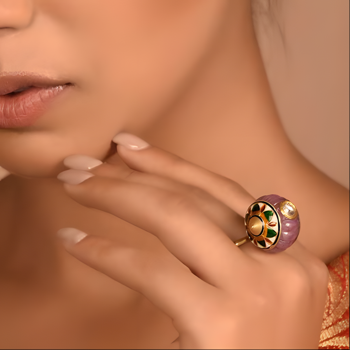 Carved Ruby Melon & Meenakari Polki Ring