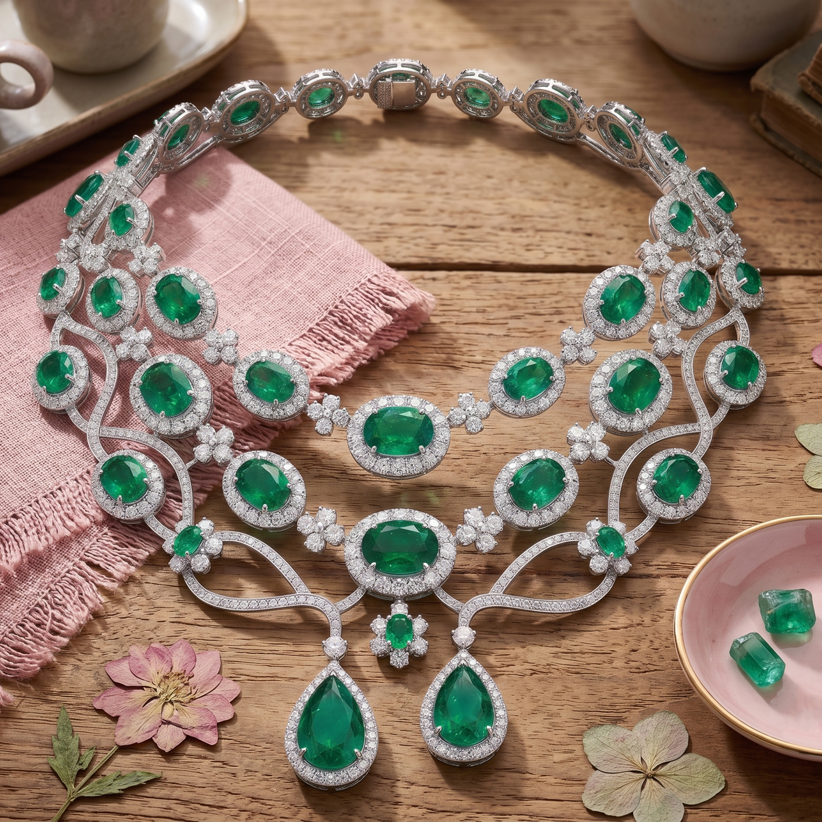 Double-Strand Emerald & Diamond Necklace