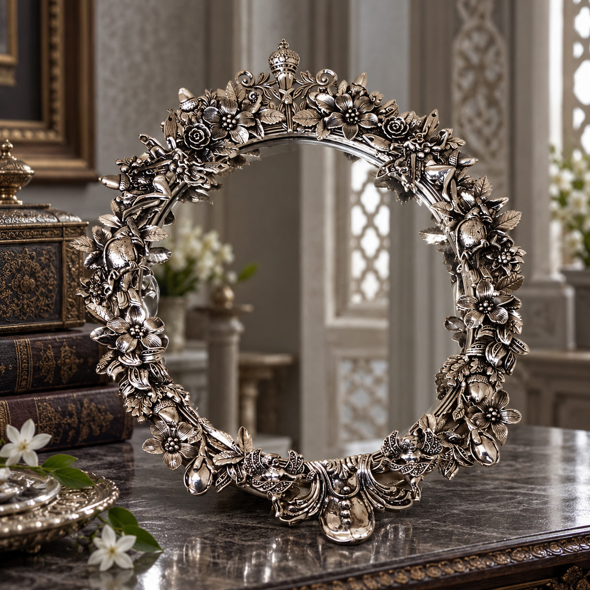Floral Wreath Silver Tabletop Mirror with Crown