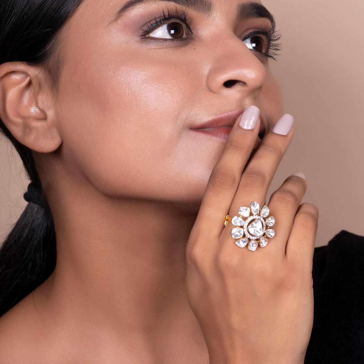Open Polki Diamond Floral 14K Gold Ring