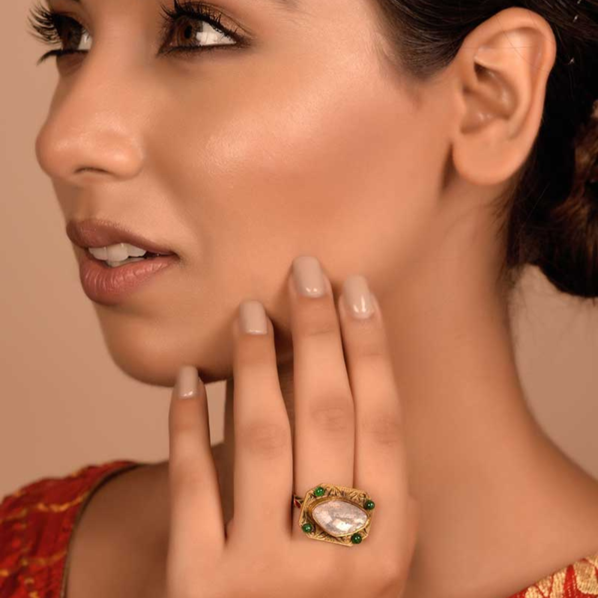 Octagonal Polki Diamond & Emerald 18k Gold Ring