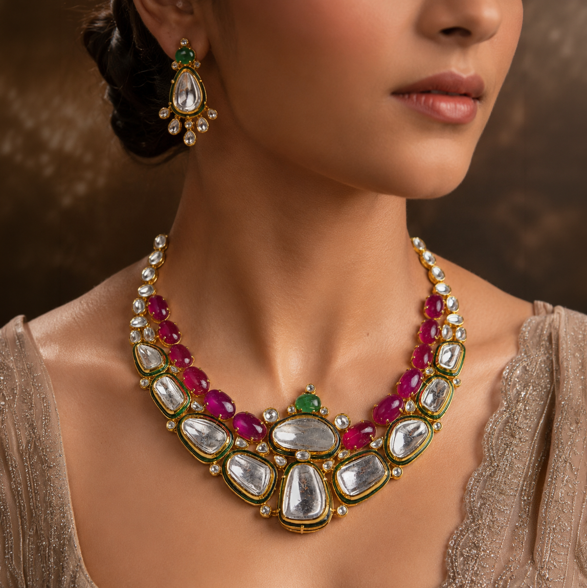 Polki, Ruby & Emerald Kundan Necklace Set