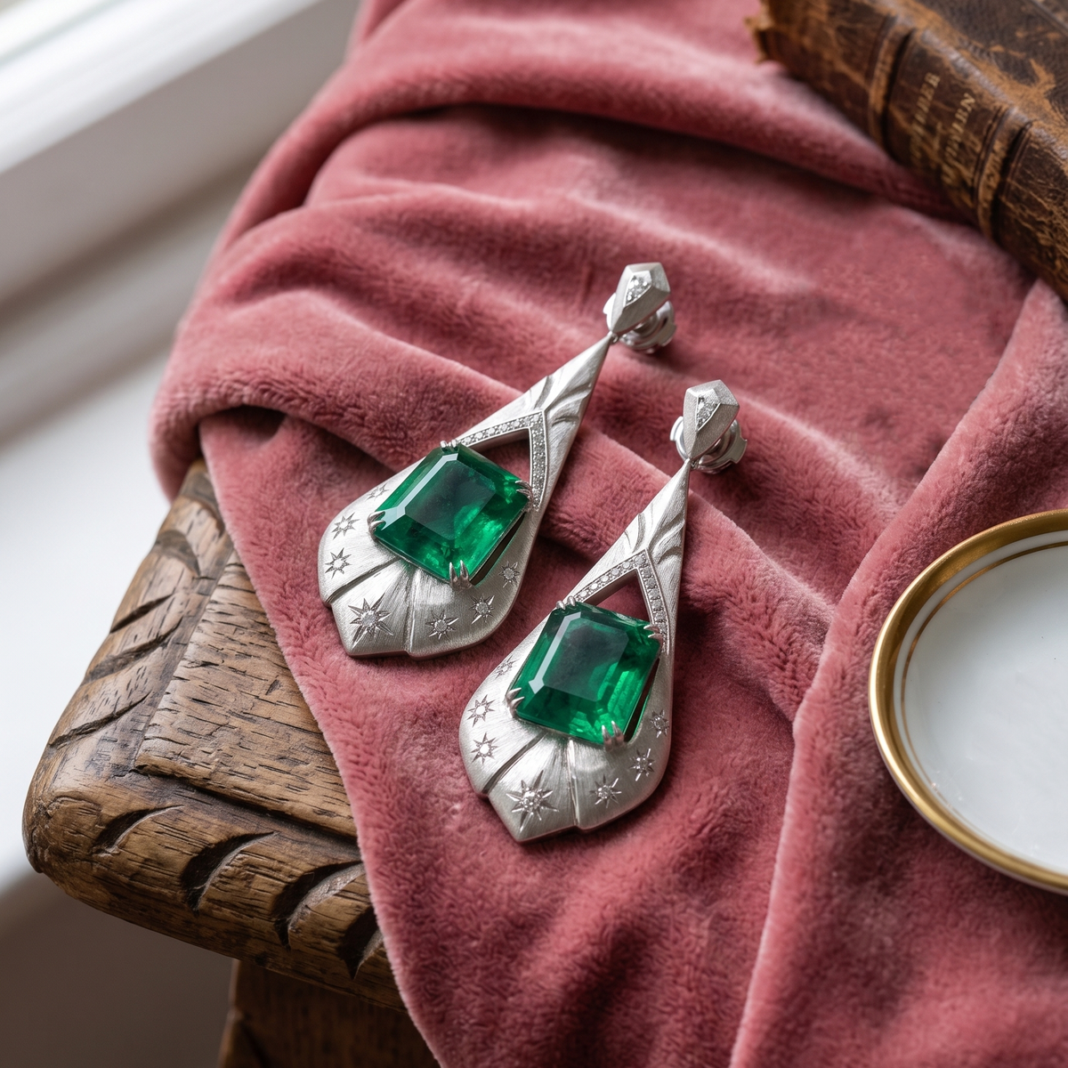 Sculpted Emerald & Star-Set Diamond Drop Earrings