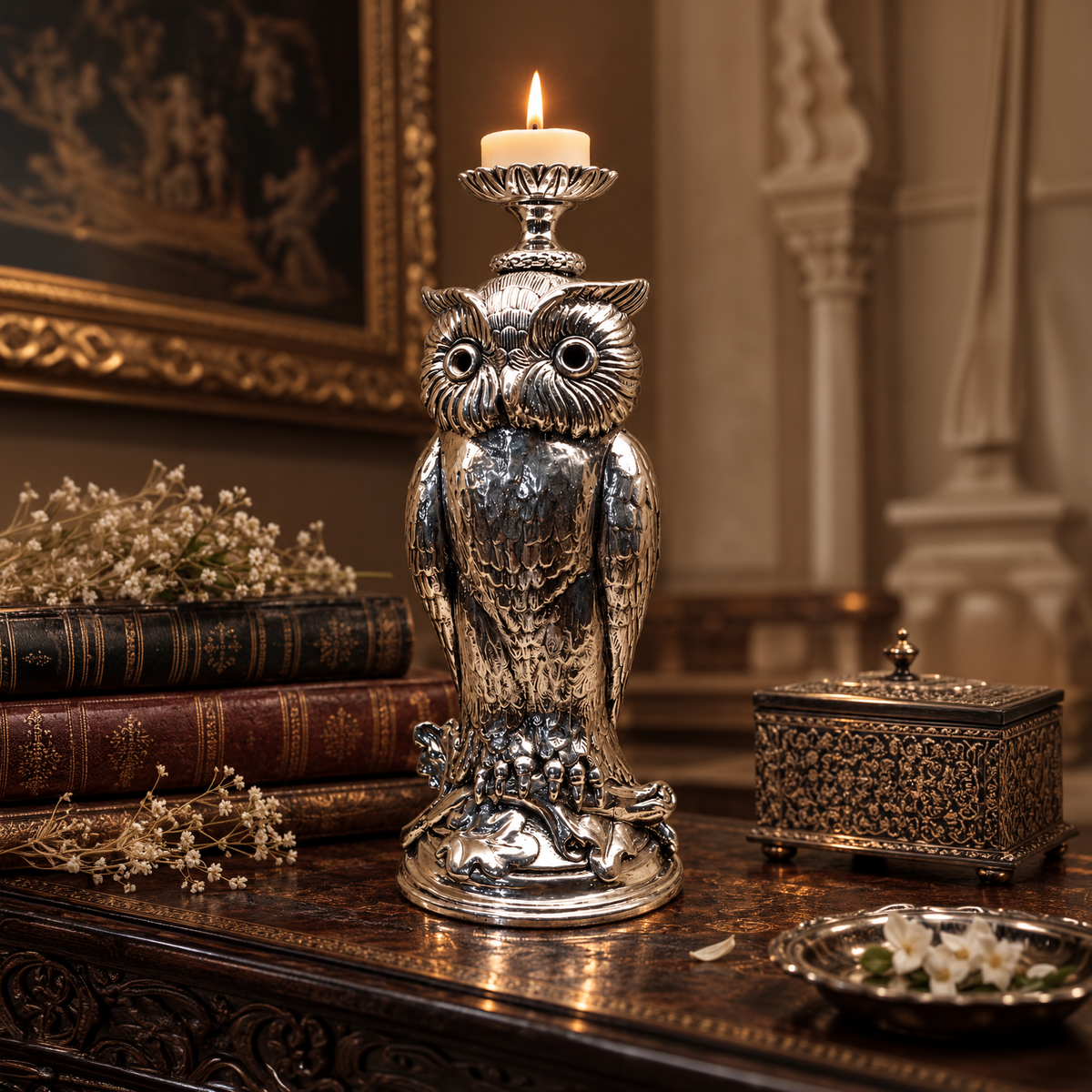 Sculpted Owl Silver Candle Stand