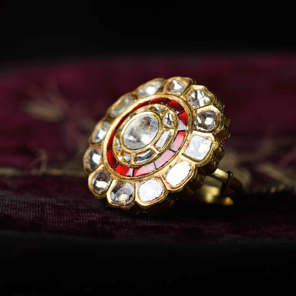 Exquisite Polki Diamond & Ruby Floral 18K Gold Ring