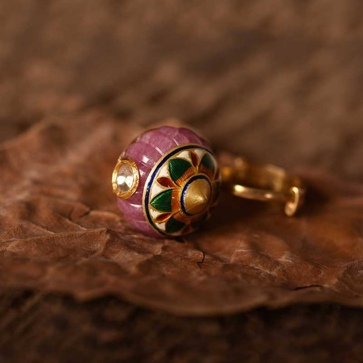 Carved Ruby Melon & Meenakari Polki Ring
