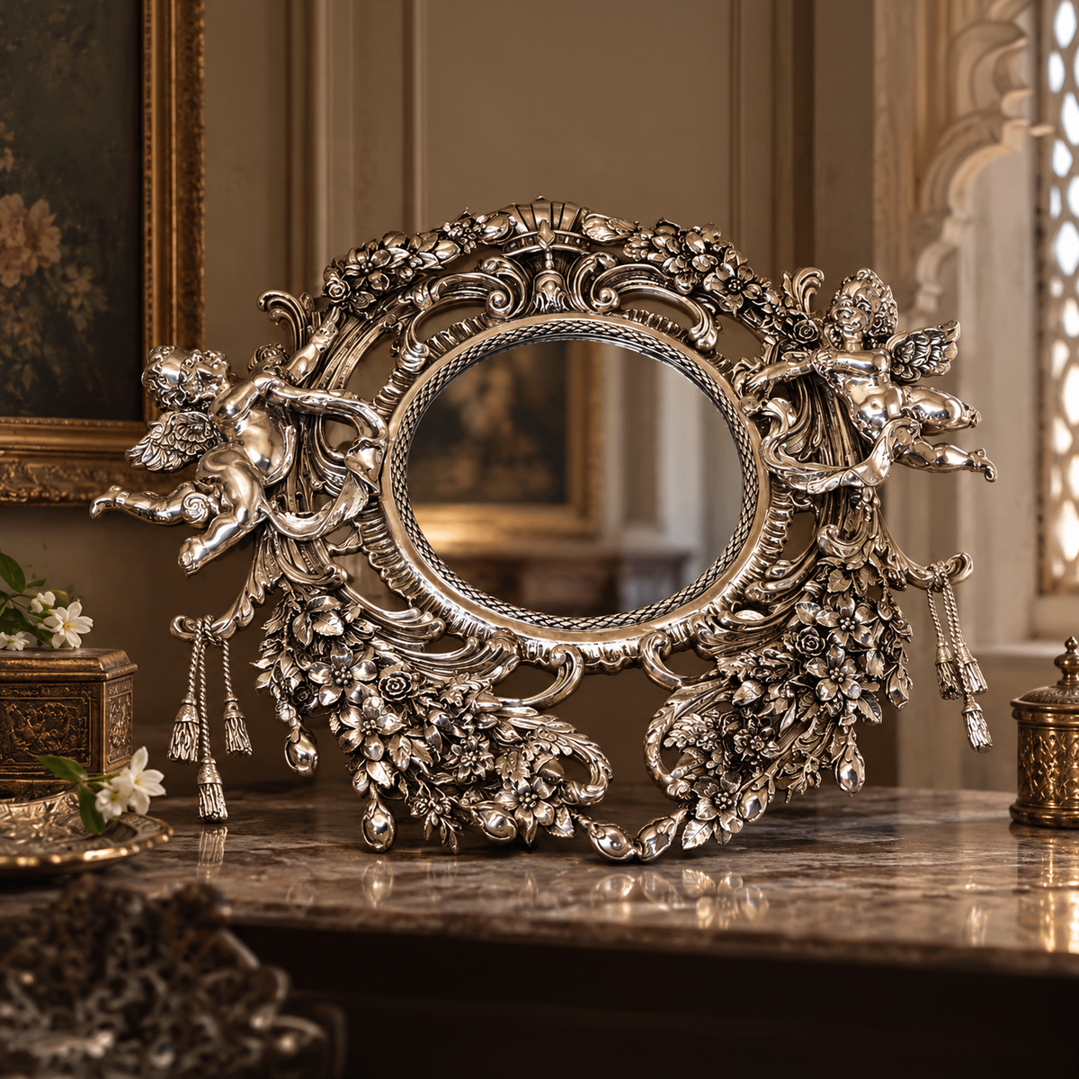 Baroque Cherub Silver Tabletop Mirror