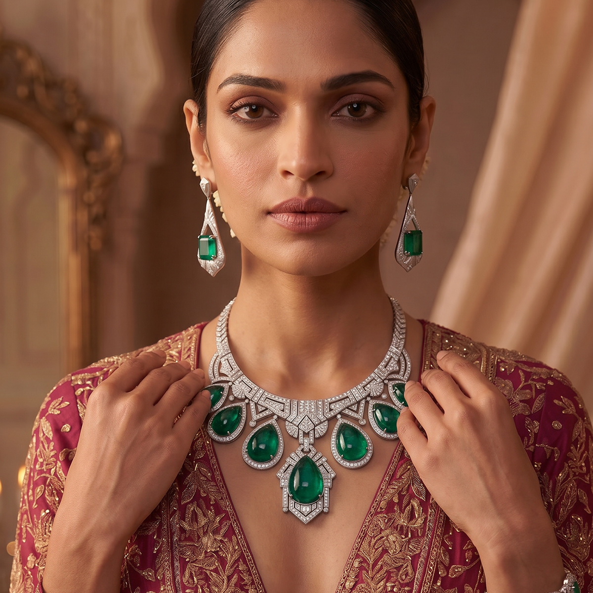 Maharani Deco — Cabochon Emerald & Diamond Fringe Necklace