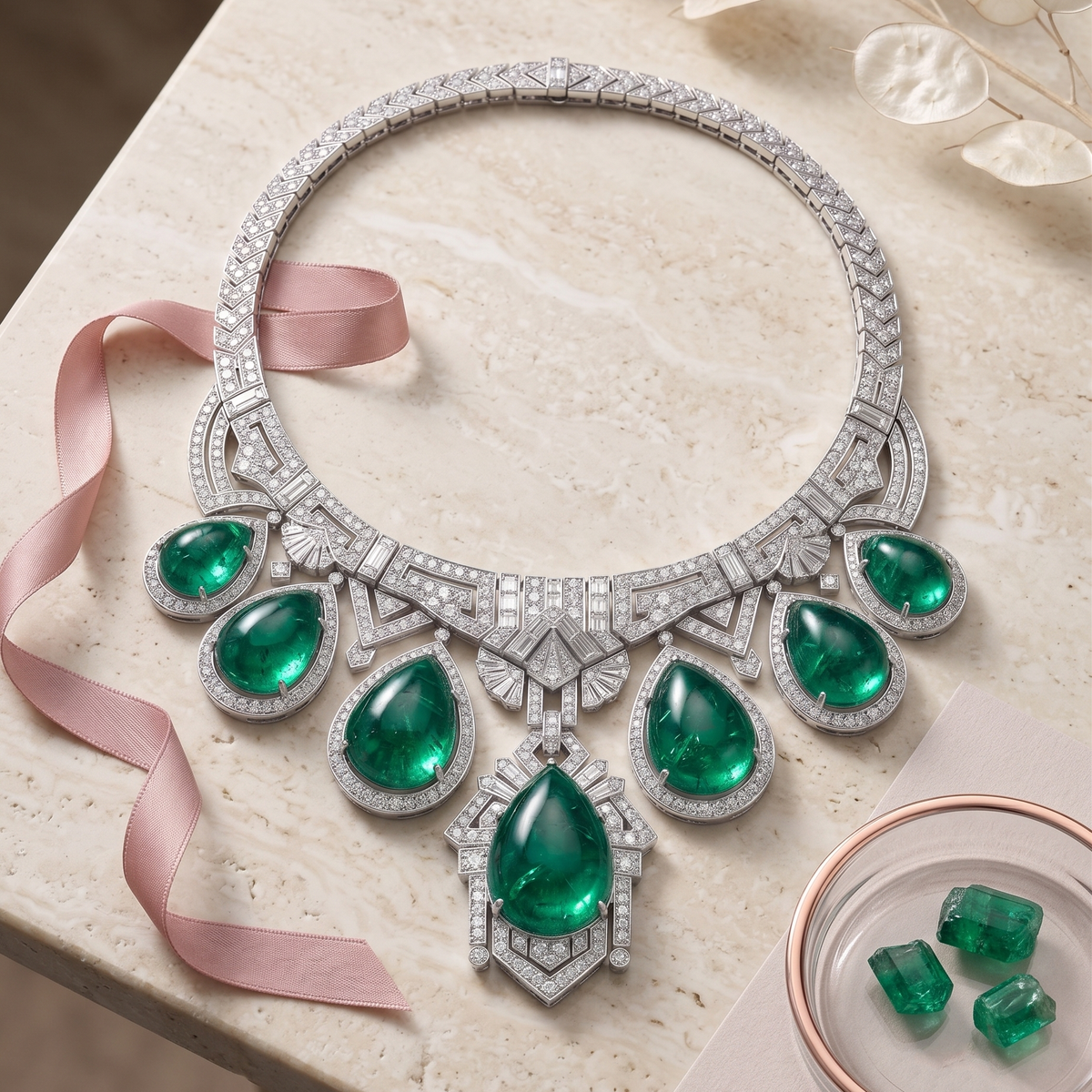Maharani Deco — Cabochon Emerald & Diamond Fringe Necklace