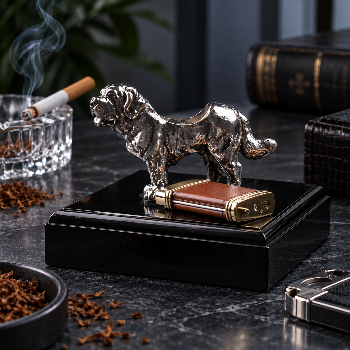 Silver Dog Lighter Stand on Wooden Box