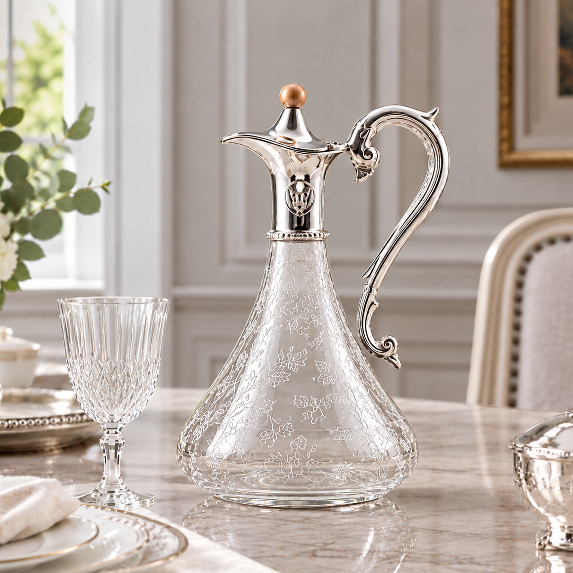 Etched Glass Silver-Mounted Claret Jug
