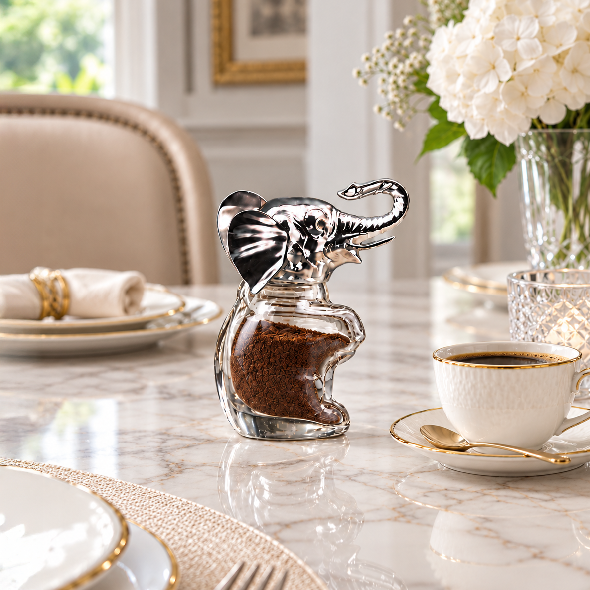 Elephant Silver Lid Glass Coffee Jar