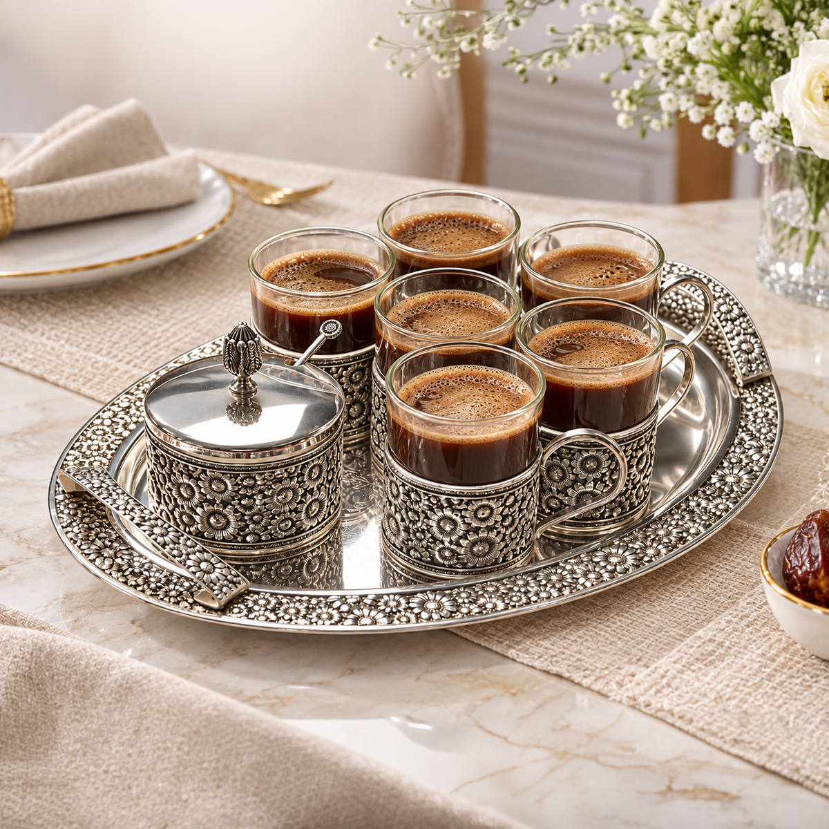 Floral Silver Tray Set with Cups & Box