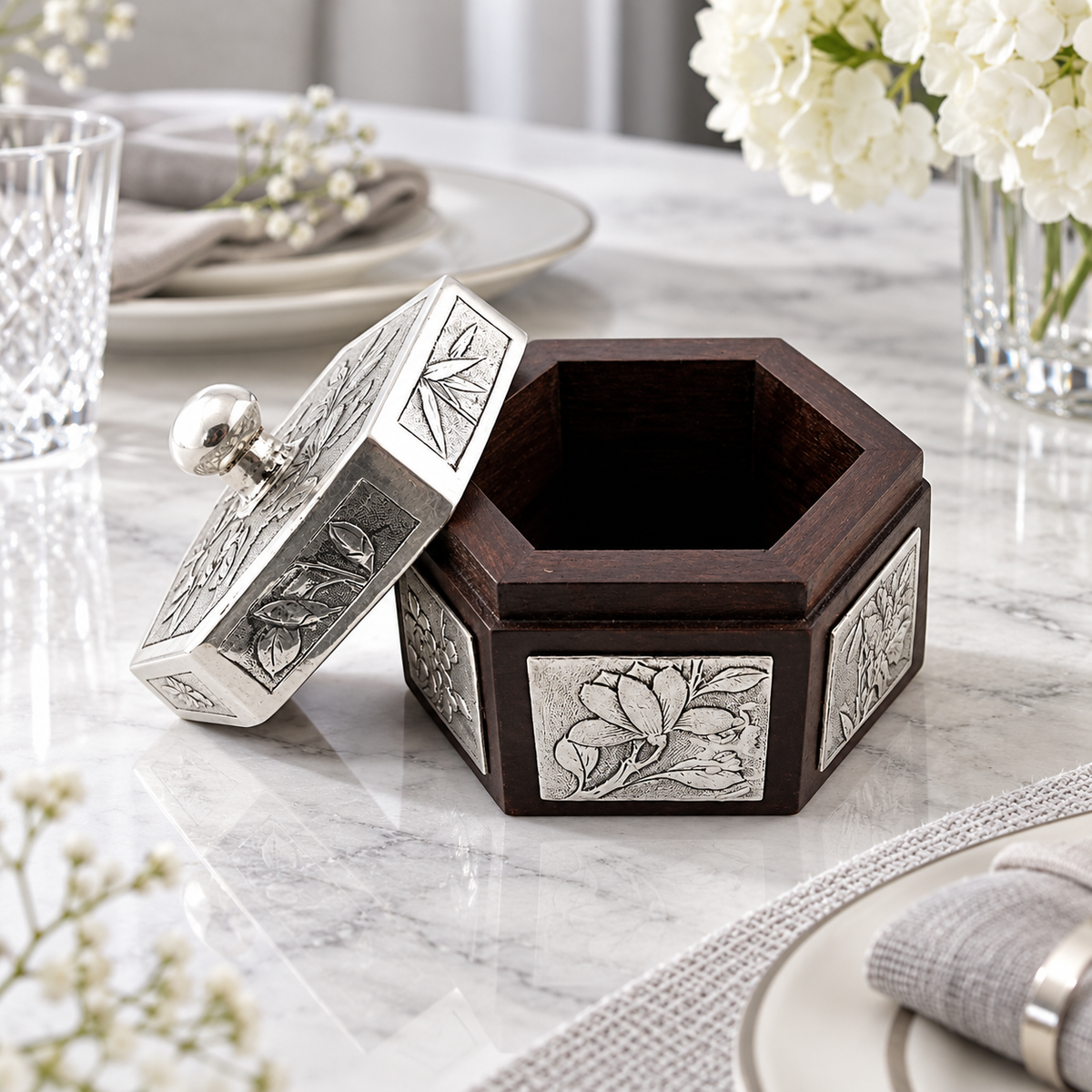 Hexagonal Wooden Utility Box with Silver Panels