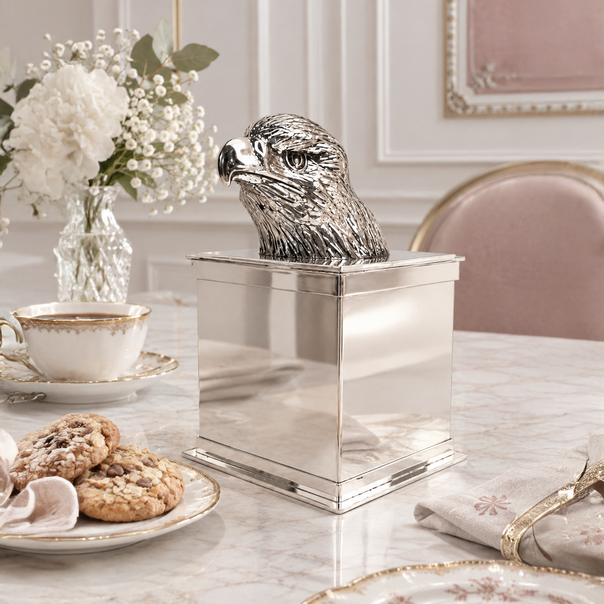 Square Eagle Head Silver Cookie Box