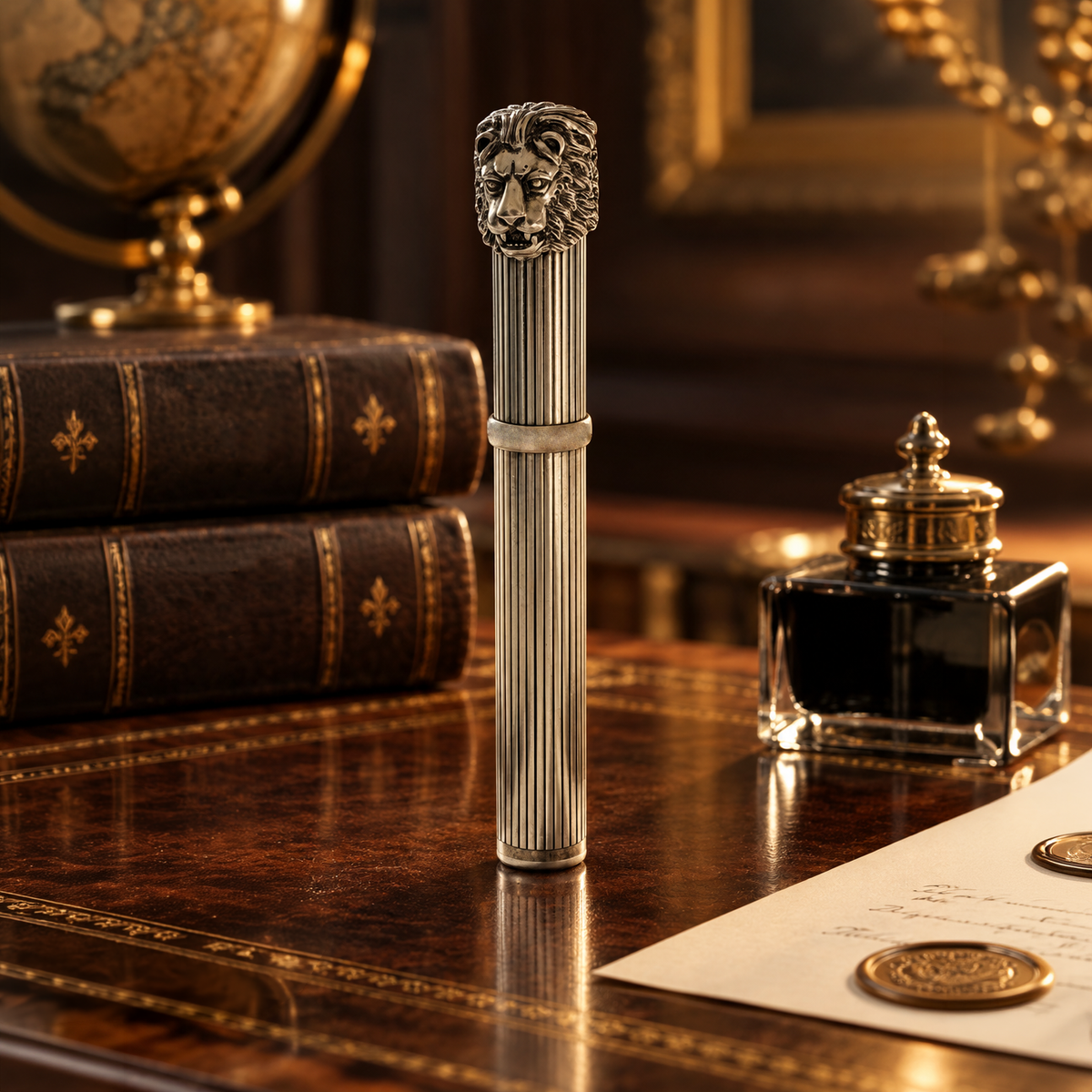 Lion Head Fluted Silver Barrel Fountain Pen