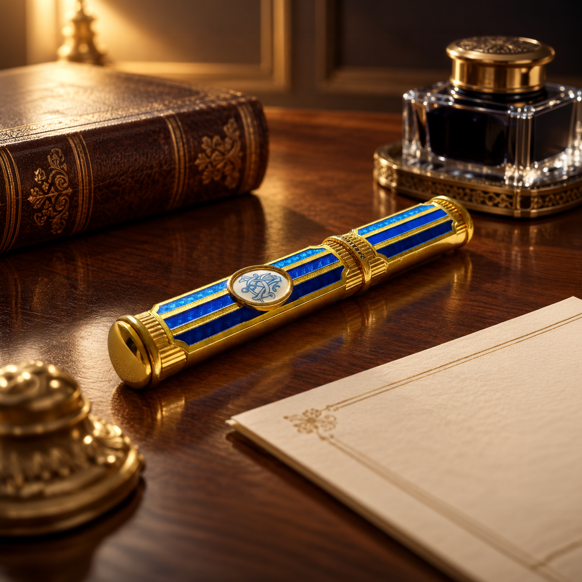 Royal Blue Enamel Fountain Pen with Guilloché Stripes & Monogram Medallion