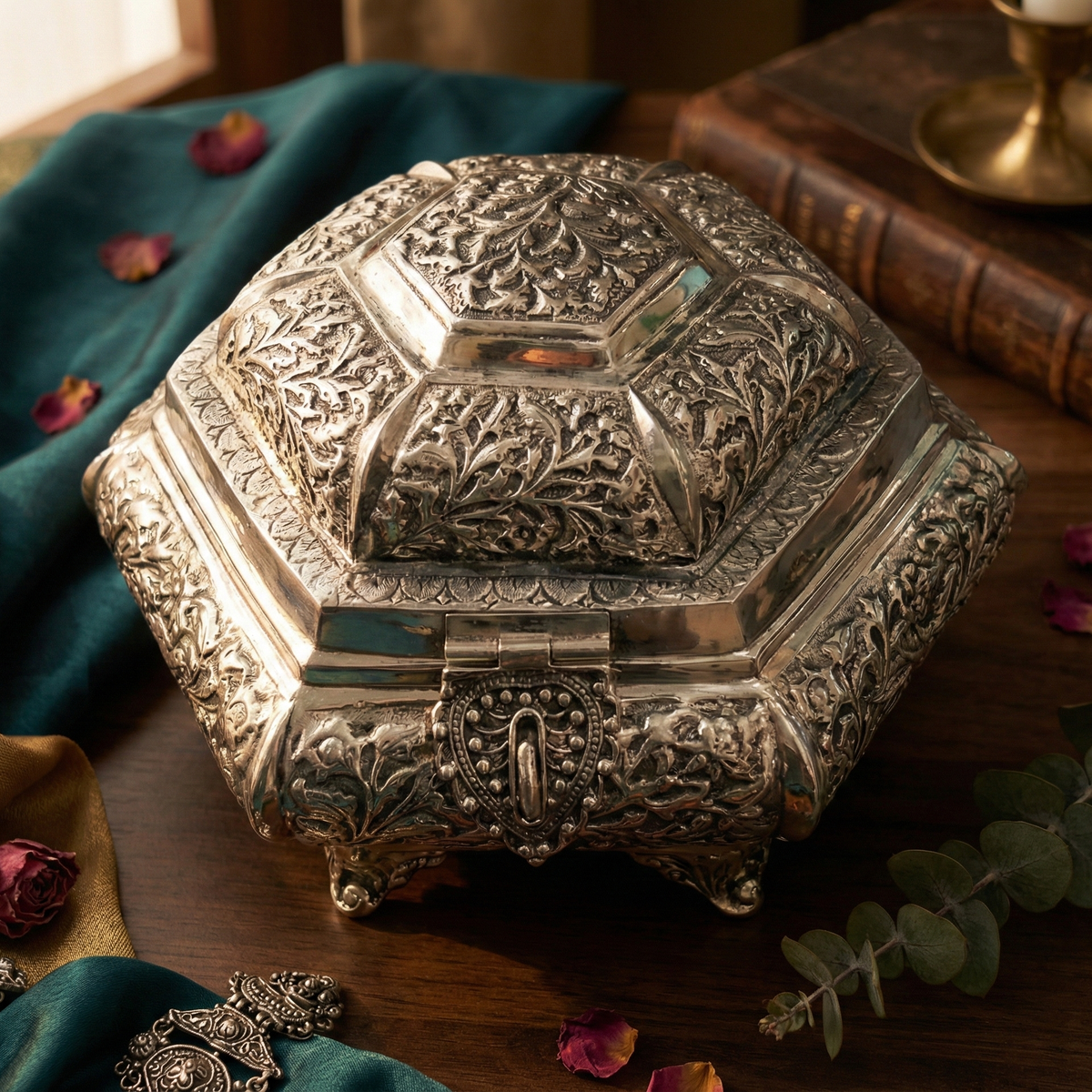Hexagonal Silver Repoussé Floral Keepsake Box